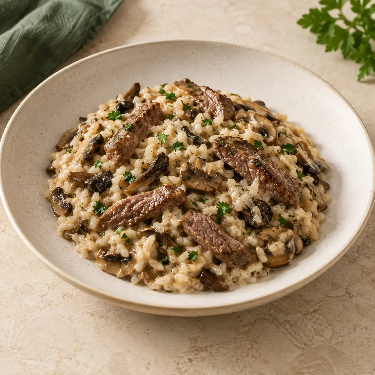 Risoto de funghi com filé mignon